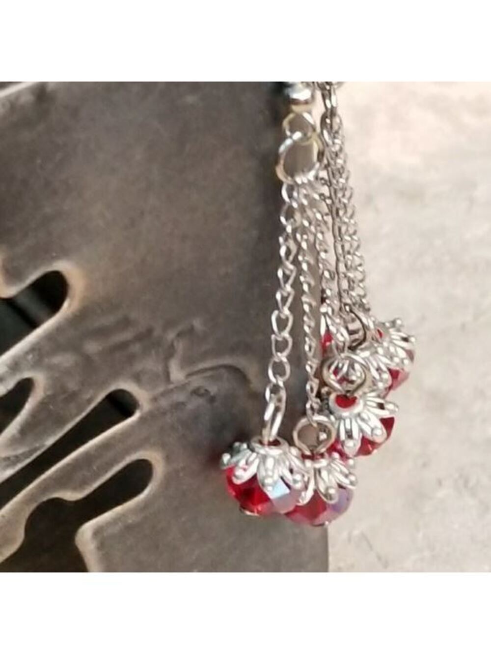 Triple Chained Crystal Earrings Red